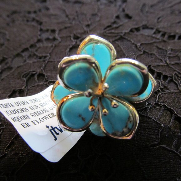 Tehya Oyama Blue Kingman turquoise flower ring Sterling Silver over Copper Sz 10 - Picture 6 of 16
